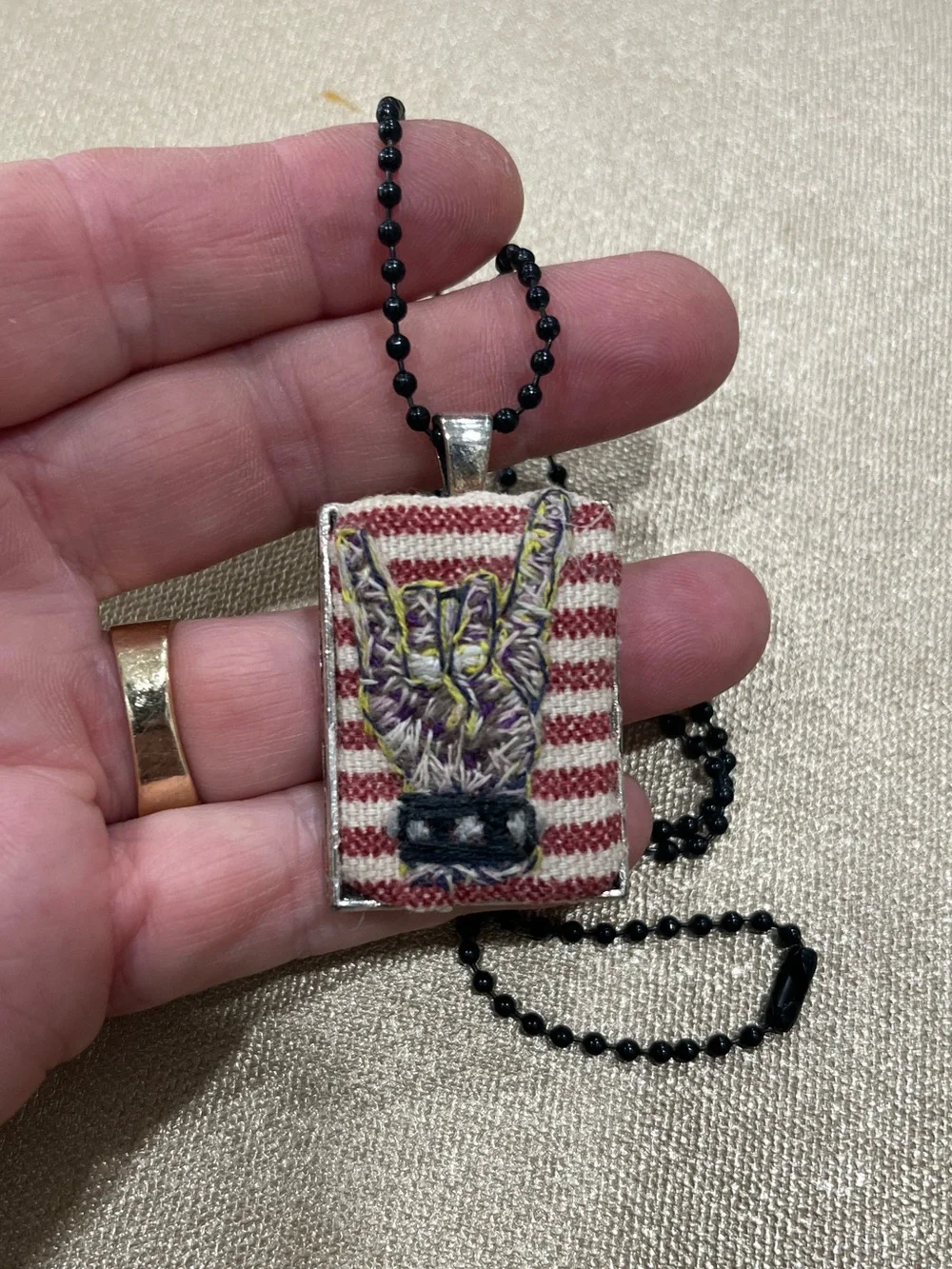 Hail Satan Hook em hand embroidered pendant and necklace